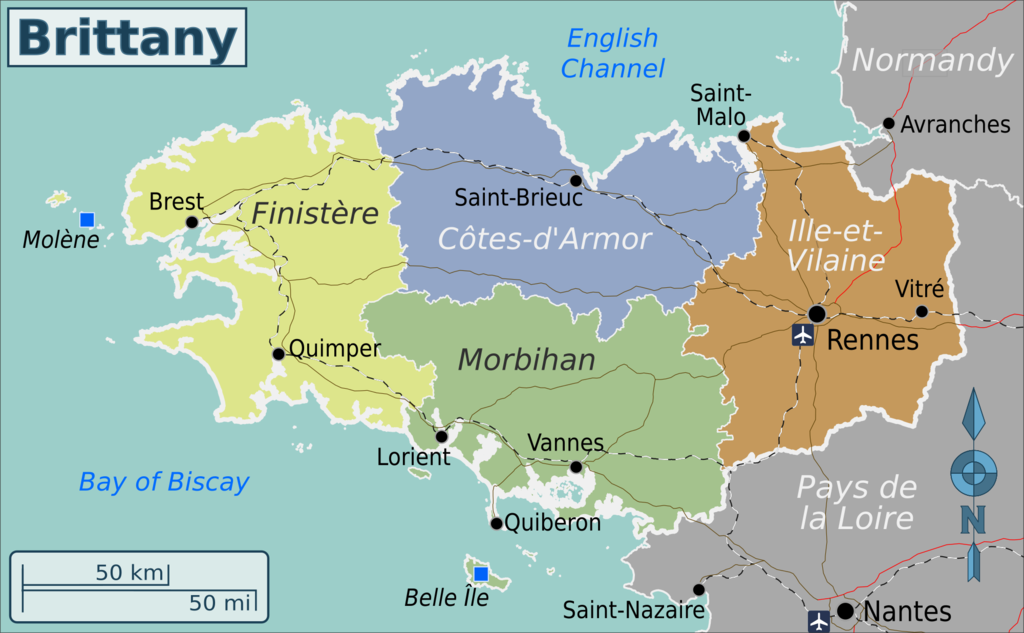 Map showing all four departments of the Brittany region of France