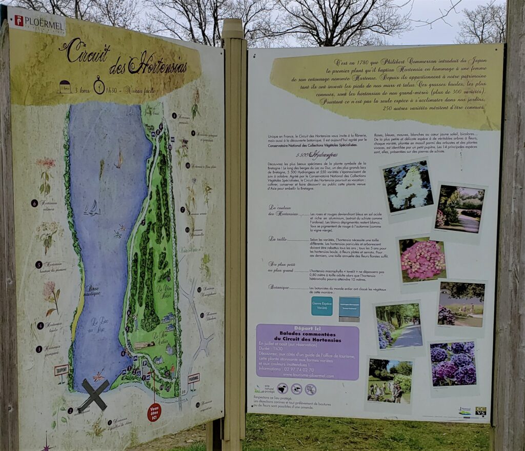 Outdoor signage with map for the Circuit des Hortensias trail of hydrangea bushes in Ploërmel, France