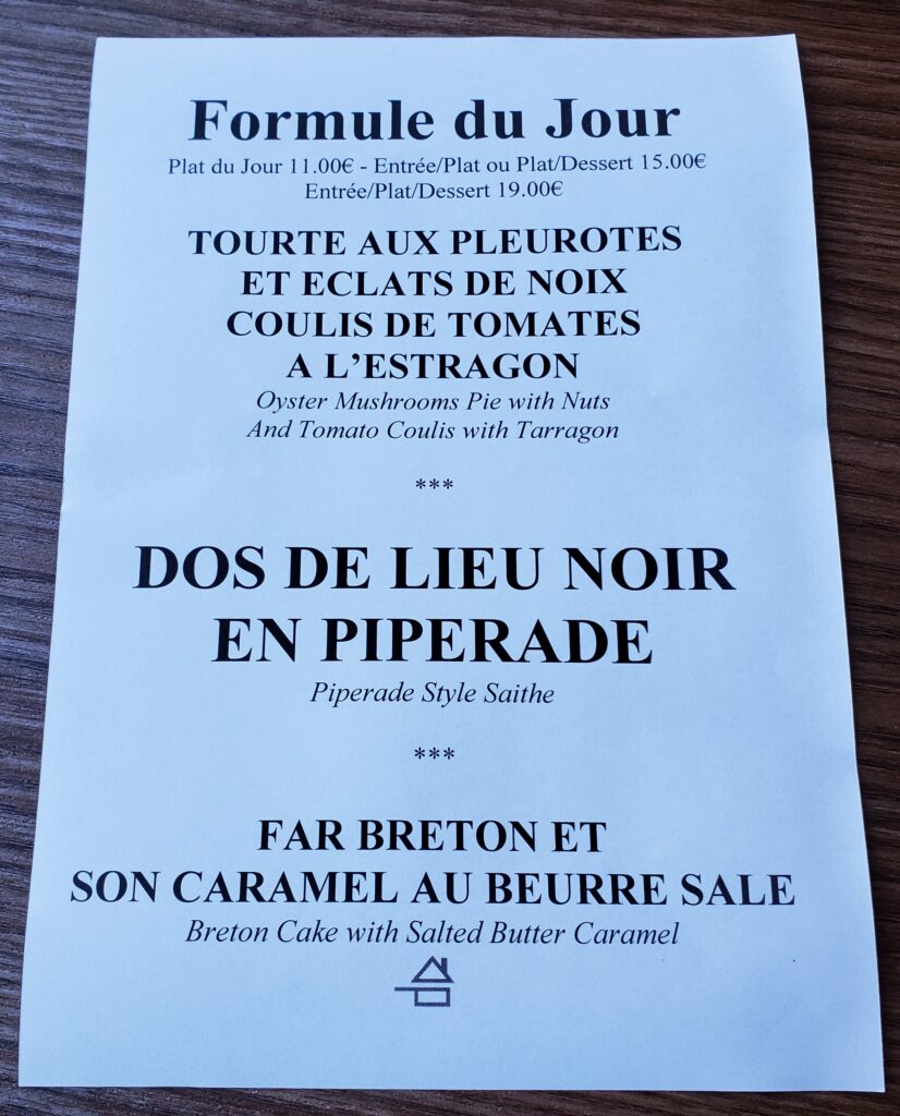 A copy of the "menu of the day" at The Hôtel Restaurant du Château in Josselin, France.